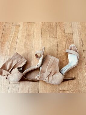 Suede Open-Toe Ankle-Strap Heels in Beige